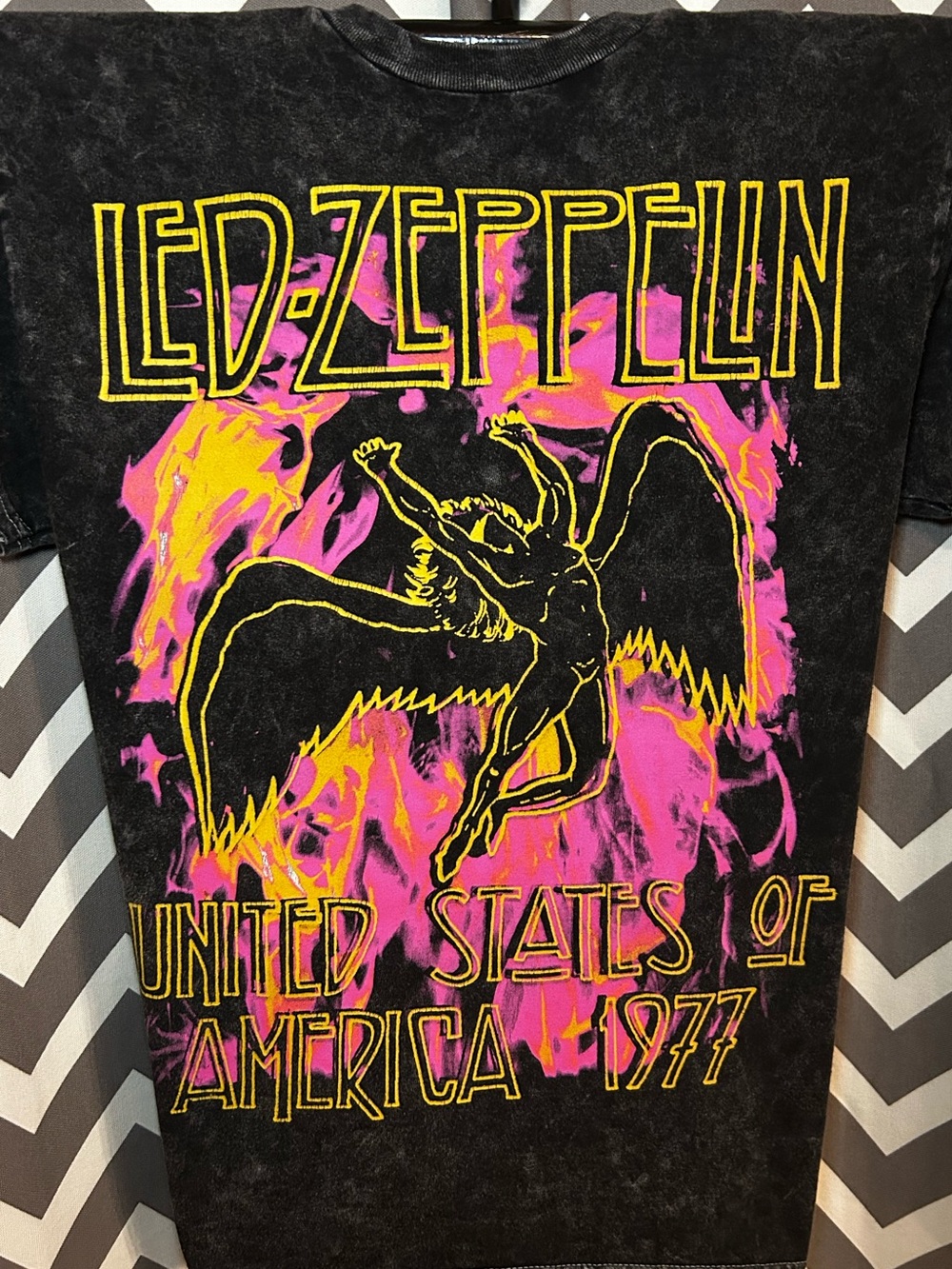 Led Zeppelin 1977 Tour Graphic Tee - Black with Neon Pink & Yellow